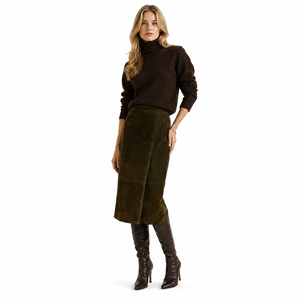 Vintage Bagatelle Suede Leather Midi Skirt Womens 10 Olive Green Pencil Skirt